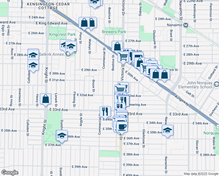 map of restaurants, bars, coffee shops, grocery stores, and more near 4747 Beatrice Street in Vancouver