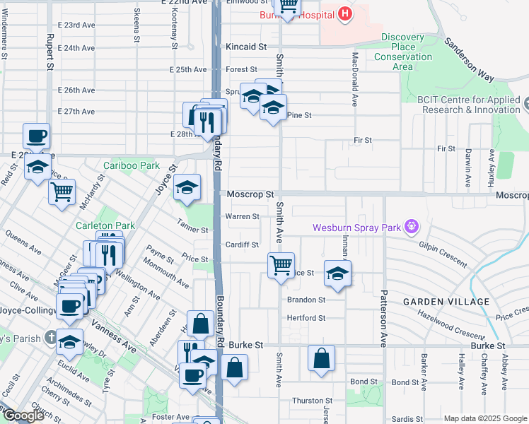 map of restaurants, bars, coffee shops, grocery stores, and more near 3785 Warren Street in Burnaby