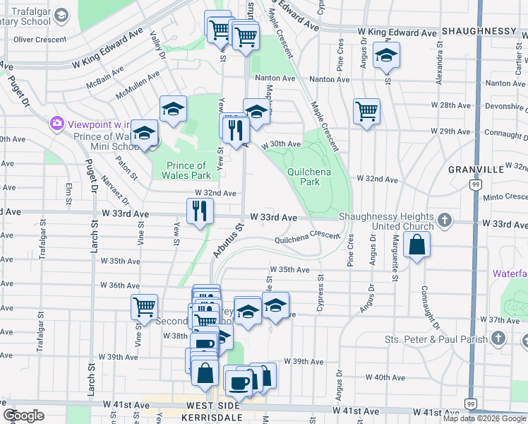 map of restaurants, bars, coffee shops, grocery stores, and more near 2039 West 33rd Avenue in Vancouver