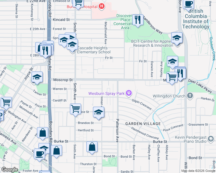 map of restaurants, bars, coffee shops, grocery stores, and more near 4745 Gilpin Court in Burnaby