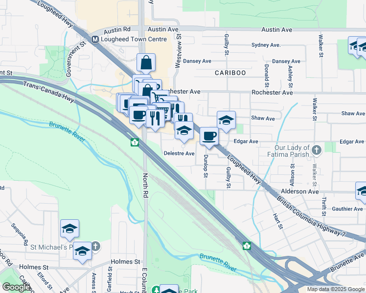 map of restaurants, bars, coffee shops, grocery stores, and more near 555 Delestre Avenue in Coquitlam
