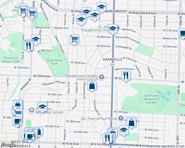 map of restaurants, bars, coffee shops, grocery stores, and more near 4825 Connaught Drive in Vancouver