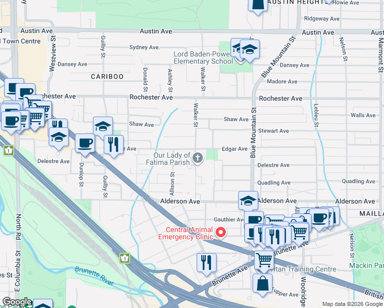 map of restaurants, bars, coffee shops, grocery stores, and more near 731 Delestre Avenue in Coquitlam