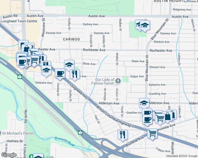 map of restaurants, bars, coffee shops, grocery stores, and more near 708 Edgar Avenue in Coquitlam