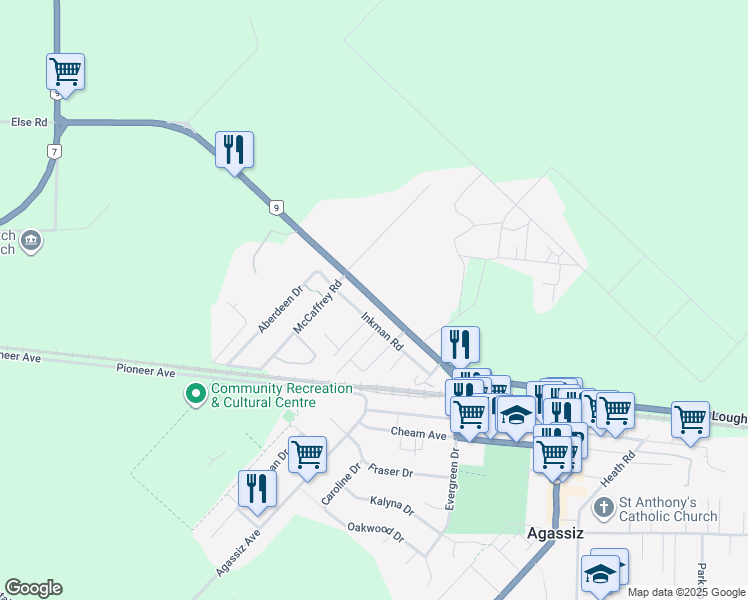 map of restaurants, bars, coffee shops, grocery stores, and more near 6882 Lougheed Highway in Agassiz
