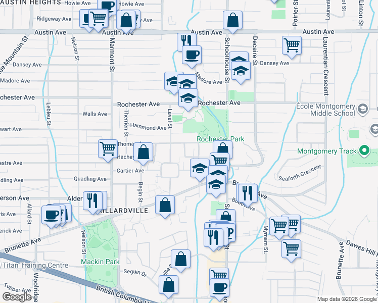 map of restaurants, bars, coffee shops, grocery stores, and more near 1311 Hachey Avenue in Coquitlam