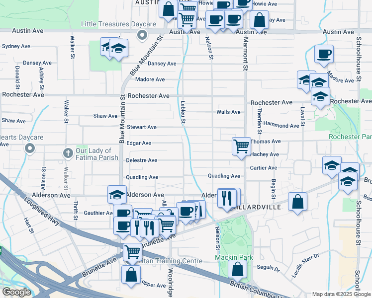 map of restaurants, bars, coffee shops, grocery stores, and more near 333 Lebleu Street in Coquitlam