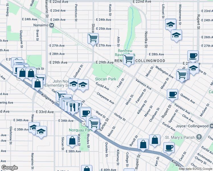 map of restaurants, bars, coffee shops, grocery stores, and more near 2817 Euclid Avenue in Vancouver