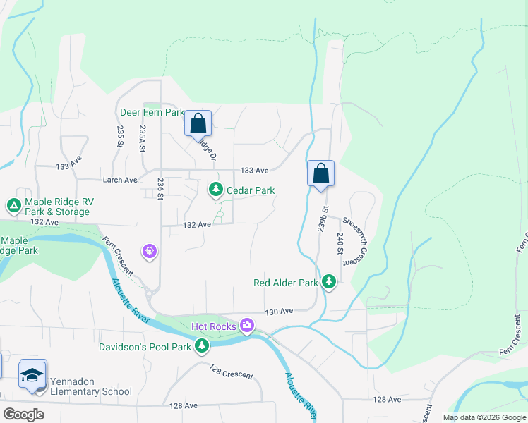 map of restaurants, bars, coffee shops, grocery stores, and more near 23835 132 Avenue in Maple Ridge