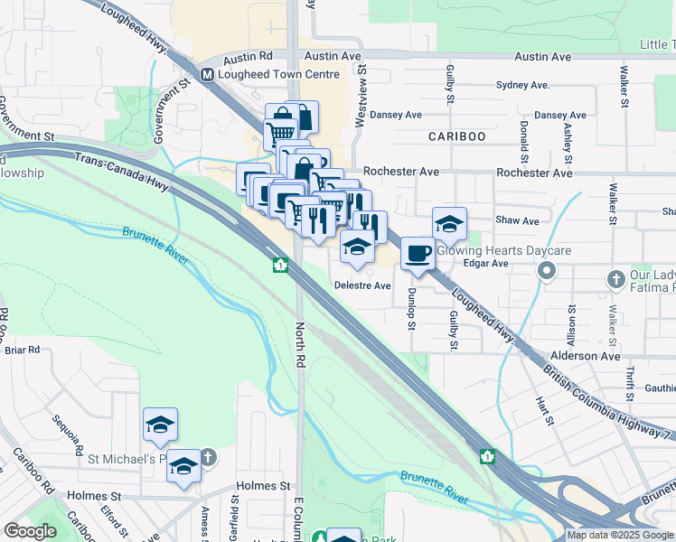 map of restaurants, bars, coffee shops, grocery stores, and more near 526 Delestre Avenue in Coquitlam