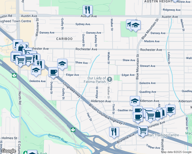 map of restaurants, bars, coffee shops, grocery stores, and more near 718 Edgar Avenue in Coquitlam