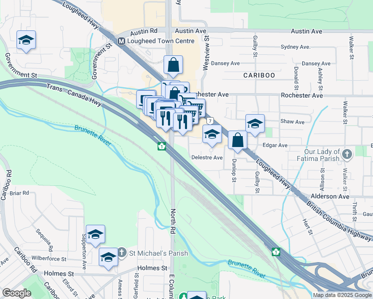 map of restaurants, bars, coffee shops, grocery stores, and more near 308 Alderson Avenue in Coquitlam