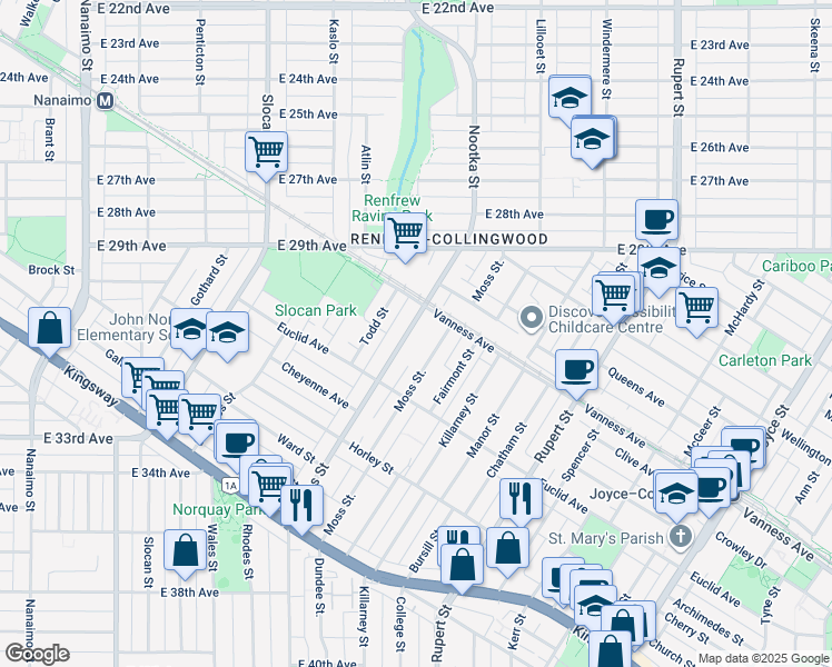map of restaurants, bars, coffee shops, grocery stores, and more near 4666 Earles Street in Vancouver