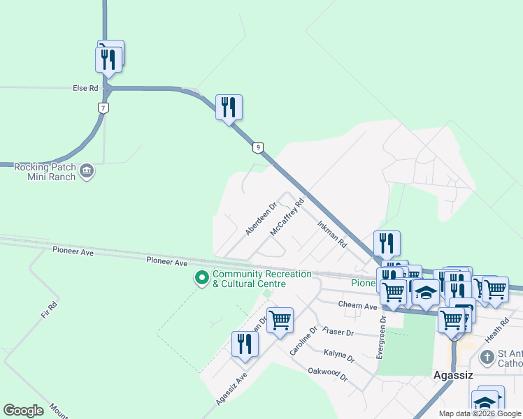 map of restaurants, bars, coffee shops, grocery stores, and more near 2043 Aberdeen Drive in Agassiz