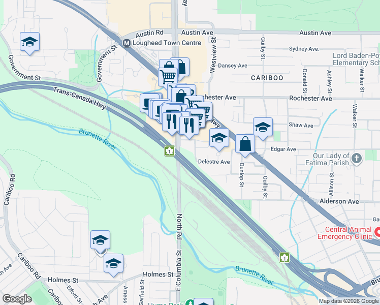 map of restaurants, bars, coffee shops, grocery stores, and more near 302 Alderson Avenue in Coquitlam