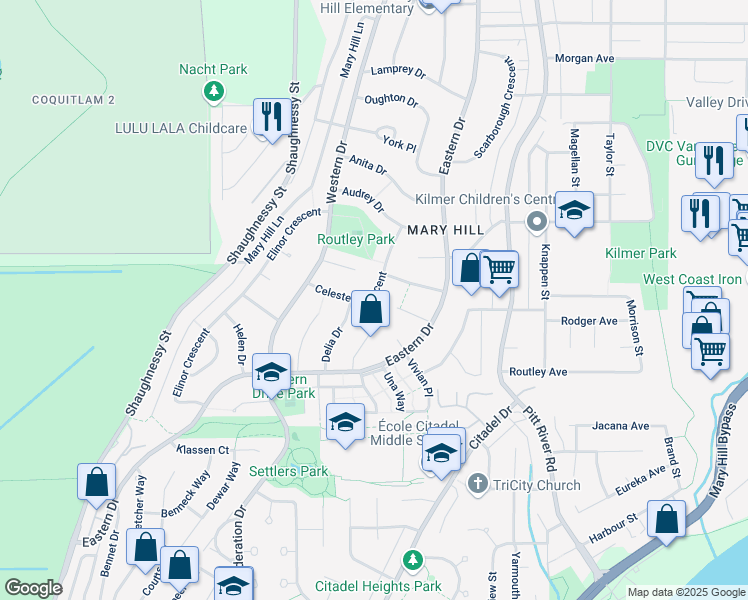map of restaurants, bars, coffee shops, grocery stores, and more near 1503 Celeste Crescent in Port Coquitlam