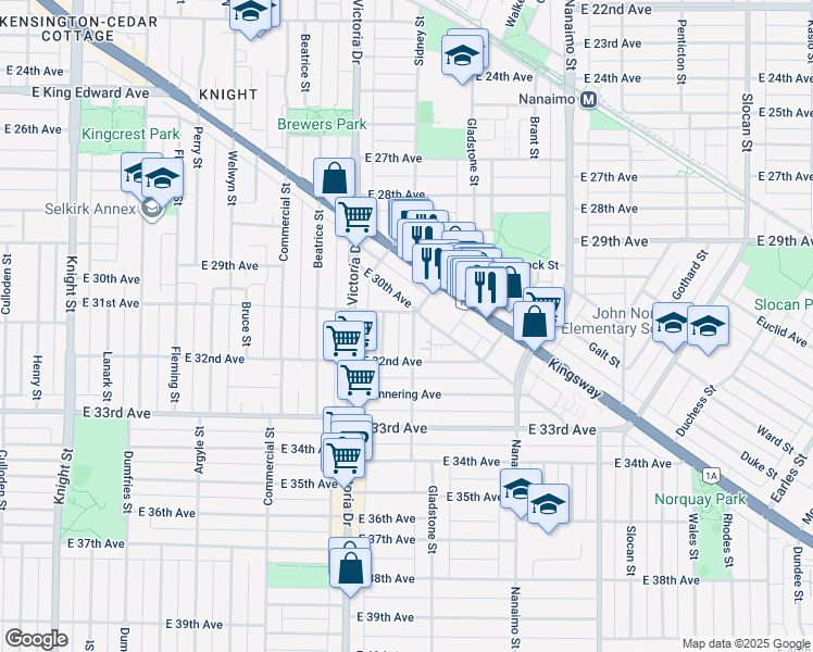 map of restaurants, bars, coffee shops, grocery stores, and more near 4729 Gladstone Street in Vancouver