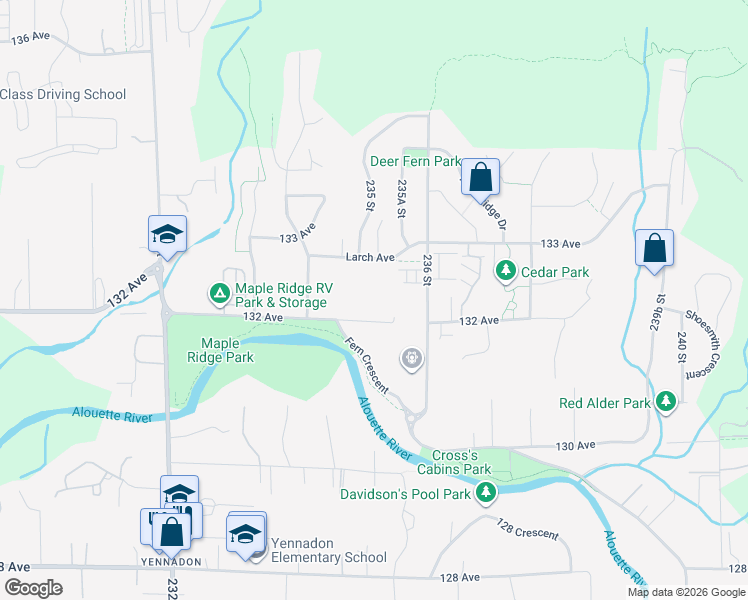 map of restaurants, bars, coffee shops, grocery stores, and more near 23517 132 Avenue in Maple Ridge