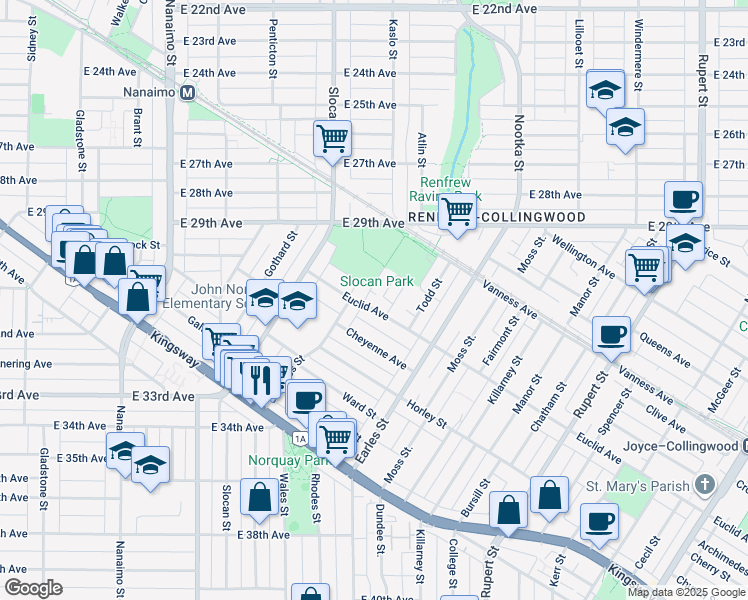 map of restaurants, bars, coffee shops, grocery stores, and more near 2807 Euclid Avenue in Vancouver