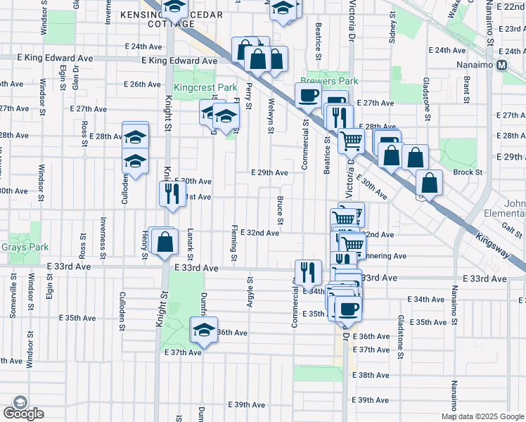 map of restaurants, bars, coffee shops, grocery stores, and more near 4732 Argyle Street in Vancouver