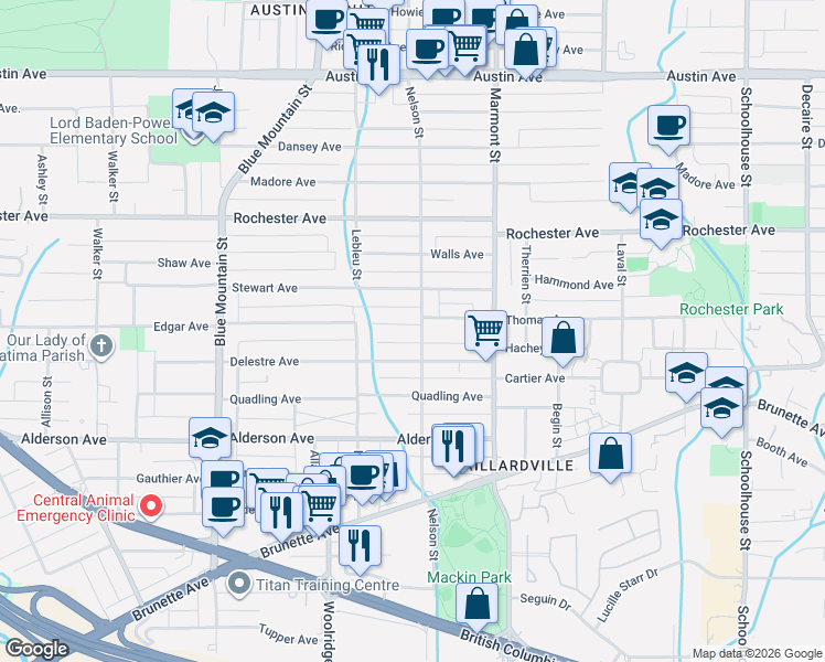 map of restaurants, bars, coffee shops, grocery stores, and more near 314 Nelson Street in Coquitlam