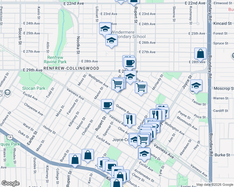 map of restaurants, bars, coffee shops, grocery stores, and more near 3294 Wellington Avenue in Vancouver