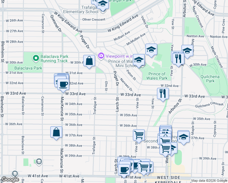 map of restaurants, bars, coffee shops, grocery stores, and more near 2525 West 33rd Avenue in Vancouver