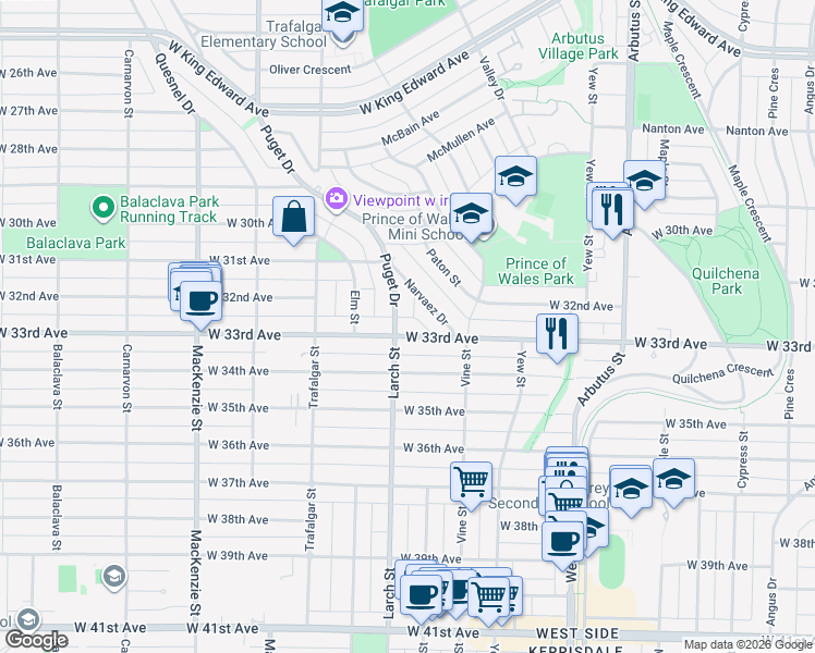 map of restaurants, bars, coffee shops, grocery stores, and more near 2475 West 33rd Avenue in Vancouver