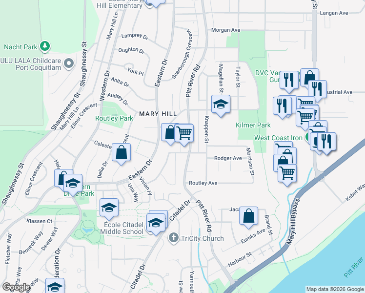 map of restaurants, bars, coffee shops, grocery stores, and more near 1510 Pitt River Road in Port Coquitlam