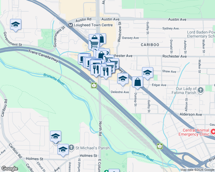 map of restaurants, bars, coffee shops, grocery stores, and more near 308 Alderson Avenue in Coquitlam