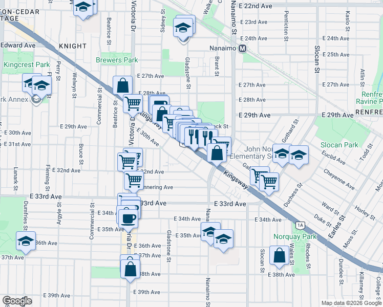 map of restaurants, bars, coffee shops, grocery stores, and more near 2238 Kingsway in Vancouver