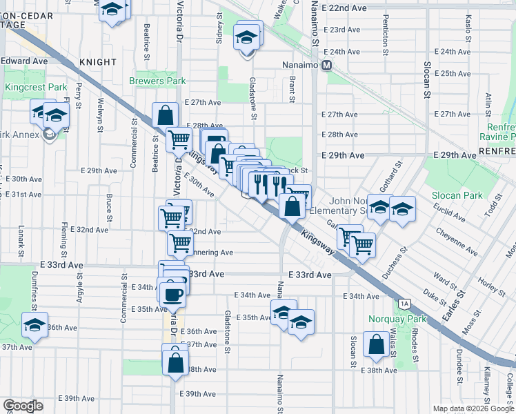 map of restaurants, bars, coffee shops, grocery stores, and more near 2238 Kingsway in Vancouver