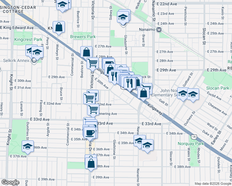 map of restaurants, bars, coffee shops, grocery stores, and more near 2221 East 30th Avenue in Vancouver
