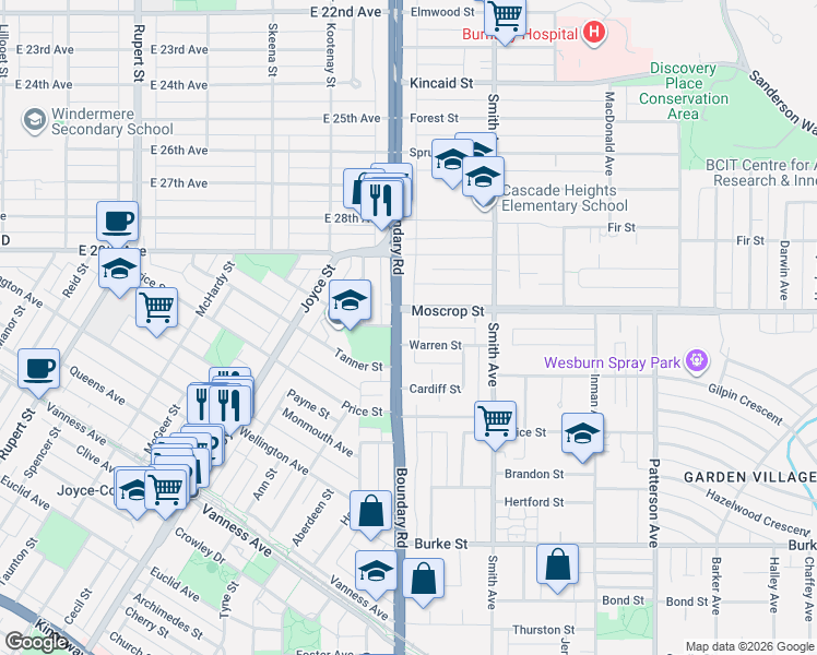 map of restaurants, bars, coffee shops, grocery stores, and more near 4730 Boundary Road in Burnaby