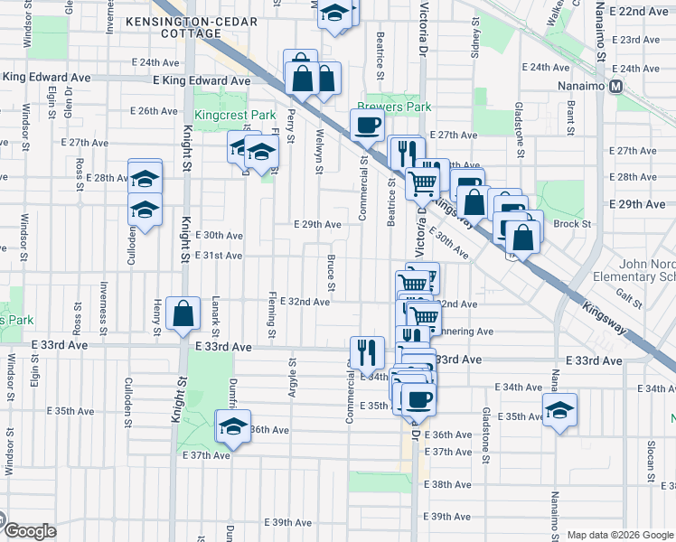 map of restaurants, bars, coffee shops, grocery stores, and more near 4728 Bruce Street in Vancouver