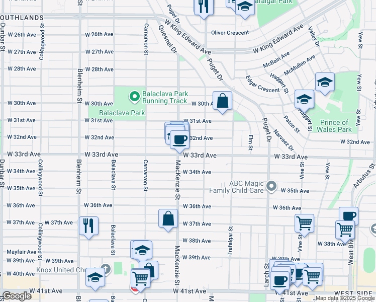 map of restaurants, bars, coffee shops, grocery stores, and more near 2865 West 33rd Avenue in Vancouver