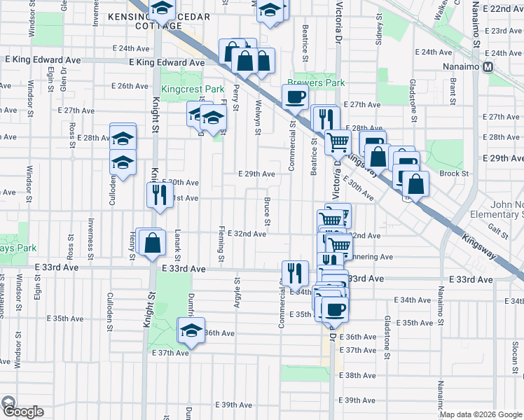 map of restaurants, bars, coffee shops, grocery stores, and more near 4721 Bruce Street in Vancouver