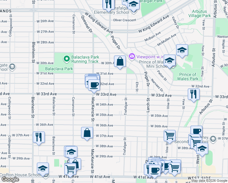 map of restaurants, bars, coffee shops, grocery stores, and more near 2779 West 33rd Avenue in Vancouver
