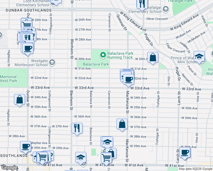 map of restaurants, bars, coffee shops, grocery stores, and more near 3023 West 33rd Avenue in Vancouver