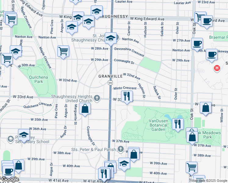 map of restaurants, bars, coffee shops, grocery stores, and more near 1484 Minto Crescent in Vancouver