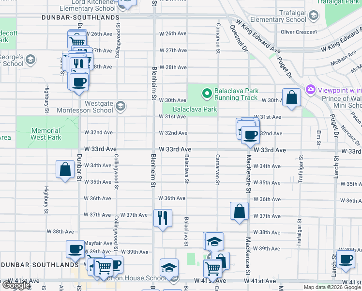 map of restaurants, bars, coffee shops, grocery stores, and more near 3217 West 33rd Avenue in Vancouver