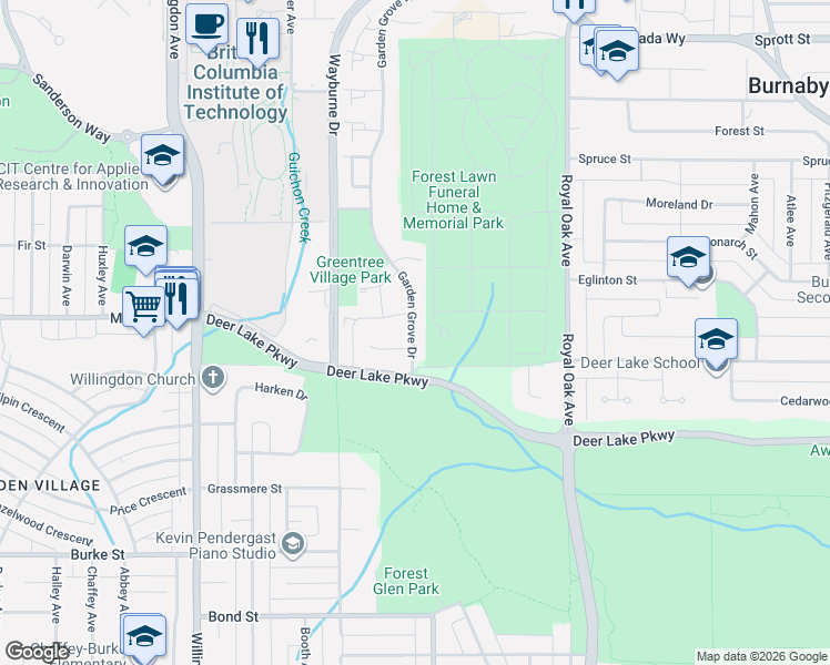 map of restaurants, bars, coffee shops, grocery stores, and more near 4698 Garden Grove Drive in Burnaby