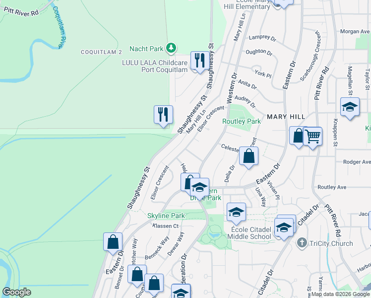map of restaurants, bars, coffee shops, grocery stores, and more near Elinor Crescent in Port Coquitlam