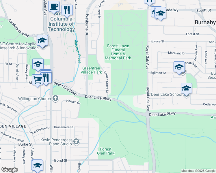 map of restaurants, bars, coffee shops, grocery stores, and more near 4698 Garden Grove Drive in Burnaby