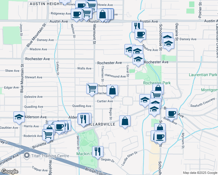 map of restaurants, bars, coffee shops, grocery stores, and more near 328 Begin Street in Coquitlam