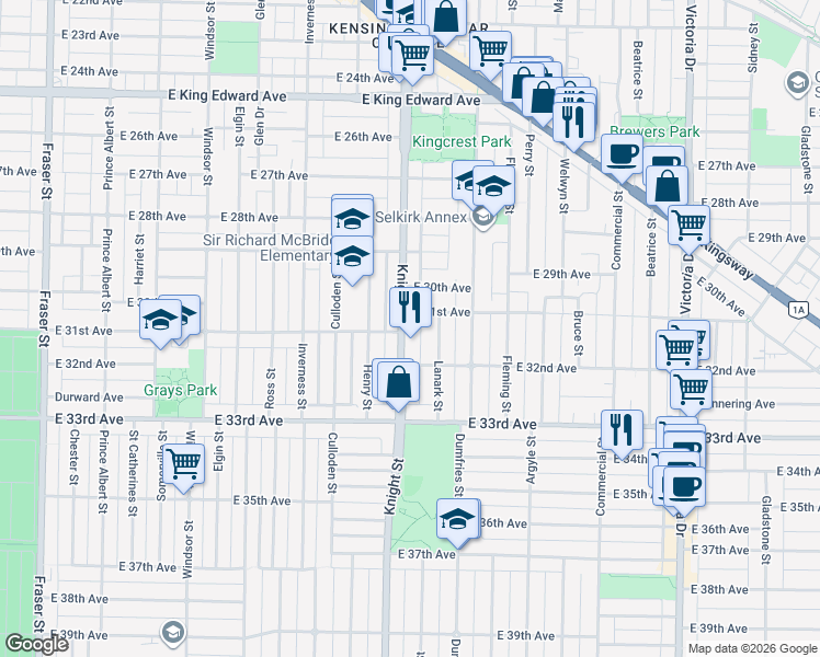 map of restaurants, bars, coffee shops, grocery stores, and more near 4736 Knight Street in Vancouver