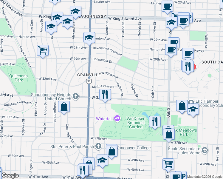 map of restaurants, bars, coffee shops, grocery stores, and more near 1368 Minto Crescent in Vancouver