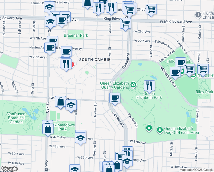 map of restaurants, bars, coffee shops, grocery stores, and more near 4761 Cambie Street in Vancouver