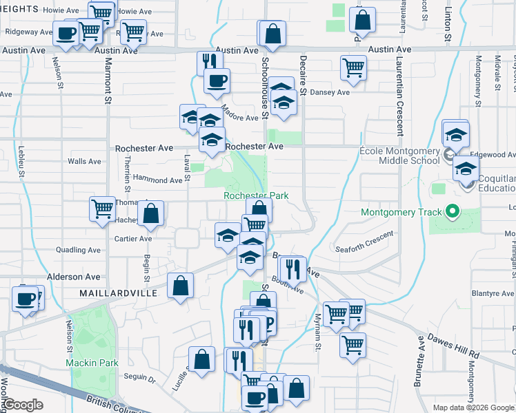 map of restaurants, bars, coffee shops, grocery stores, and more near 315 Schoolhouse Street in Coquitlam