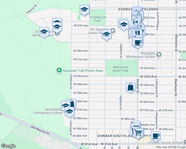 map of restaurants, bars, coffee shops, grocery stores, and more near 3994 West 33rd Avenue in Vancouver